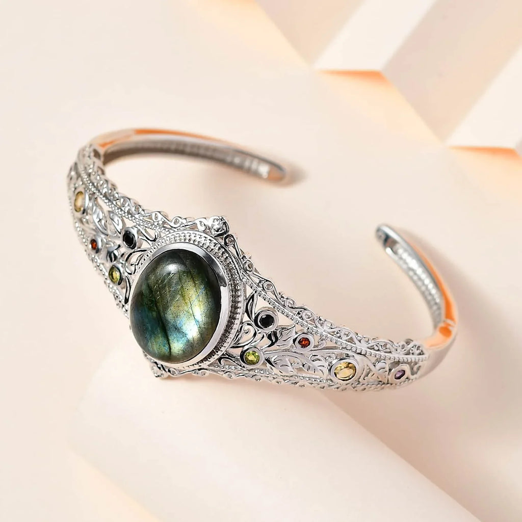 Shop LC Labradorite Multi Gemstone Oval Platinum Plated Cuff Bangle Bracelet for Women Jewelry Size 7.25" Ct 15.05 Birthday Mothers Day Gifts for Mom
