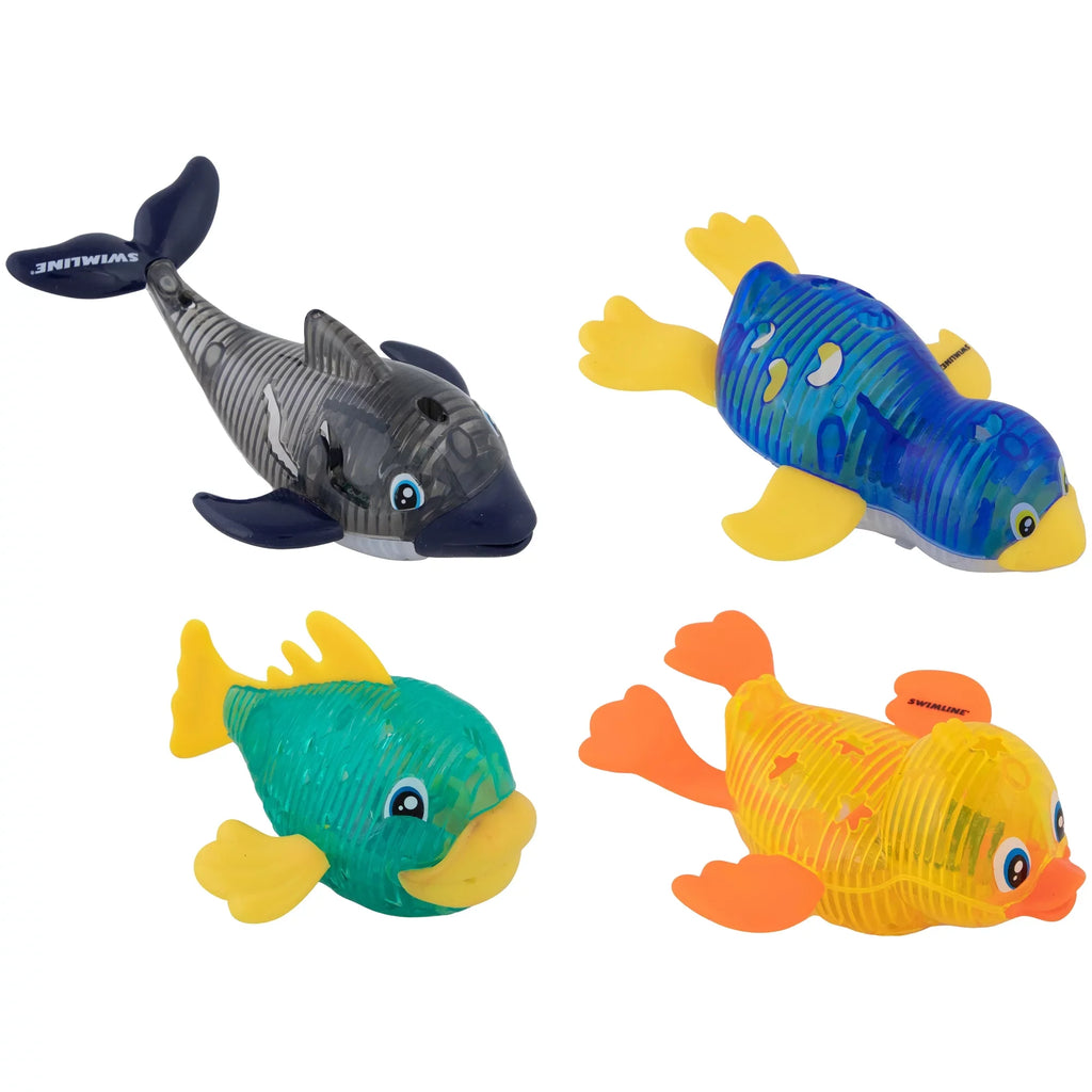 SWIMLINE ORIGINAL 4-Pack Diving Toys LED Light-Up Glowing Sea Animal Fun Pals Catch The Fish Retrieval Game For Swimming Pool & Bath Tub For Kids Multi Color Flashing Underwater Dive Practice Learn