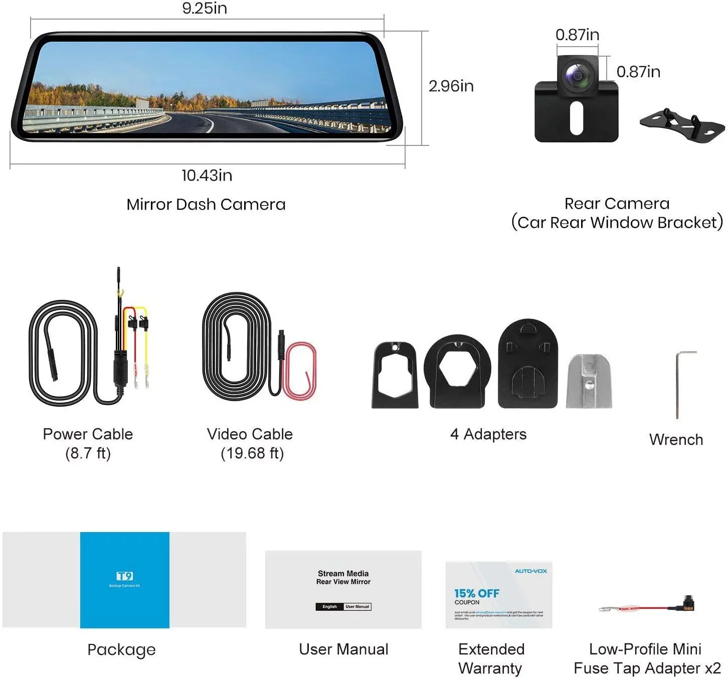 Auto-Vox Rear View Mirror Monitor 9.35'' Touch Screen 1080P Backup Camera Driving Recorder for Truck