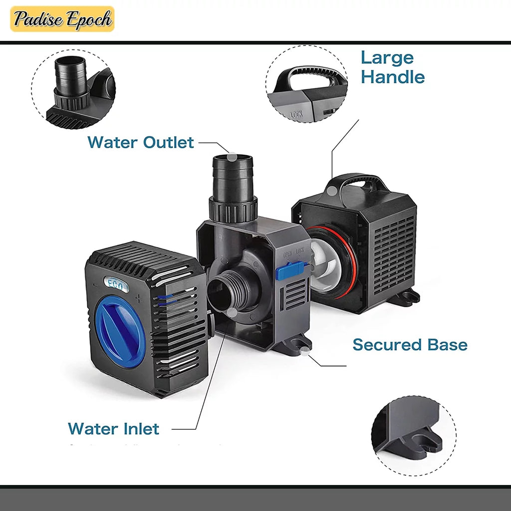 Pond Pump Submersible (800GPH) Adjustable Flow Inline Aquarium Fountain Waterfall Koi Fish Salt Fresh Water Filter with Set of Outlet Adapter