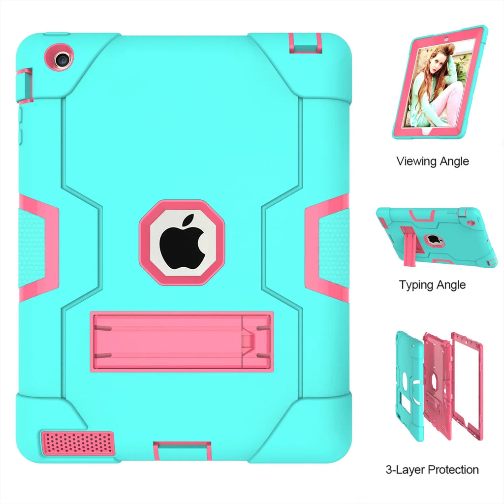 iPad 2 Case,iPad 3 Case,iPad 4 Case, Allytech Three Layer Shockproof Armor Defender Protective Case Wrap with Kickstand for iPad 2nd Gen / iPad 3rd Gen / iPad 4th Generation (Aqua/Rosegold)