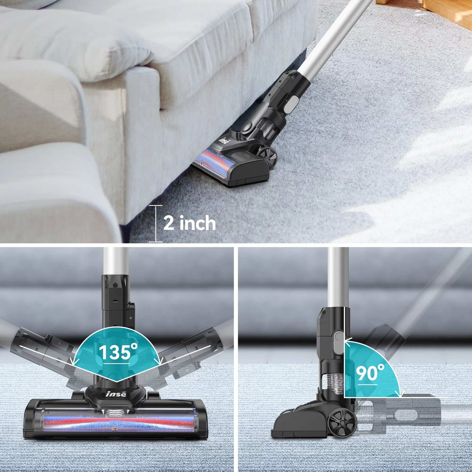 INSE Cordless Vacuum Cleaner, 15Kpa 180W Powerful Suction Stick Vacuum Cleaner, Up to 40min Runtime, 3 in 1 Handheld Vacuum Cleaner for Thin Carpet Hard Floor Pet Hair
