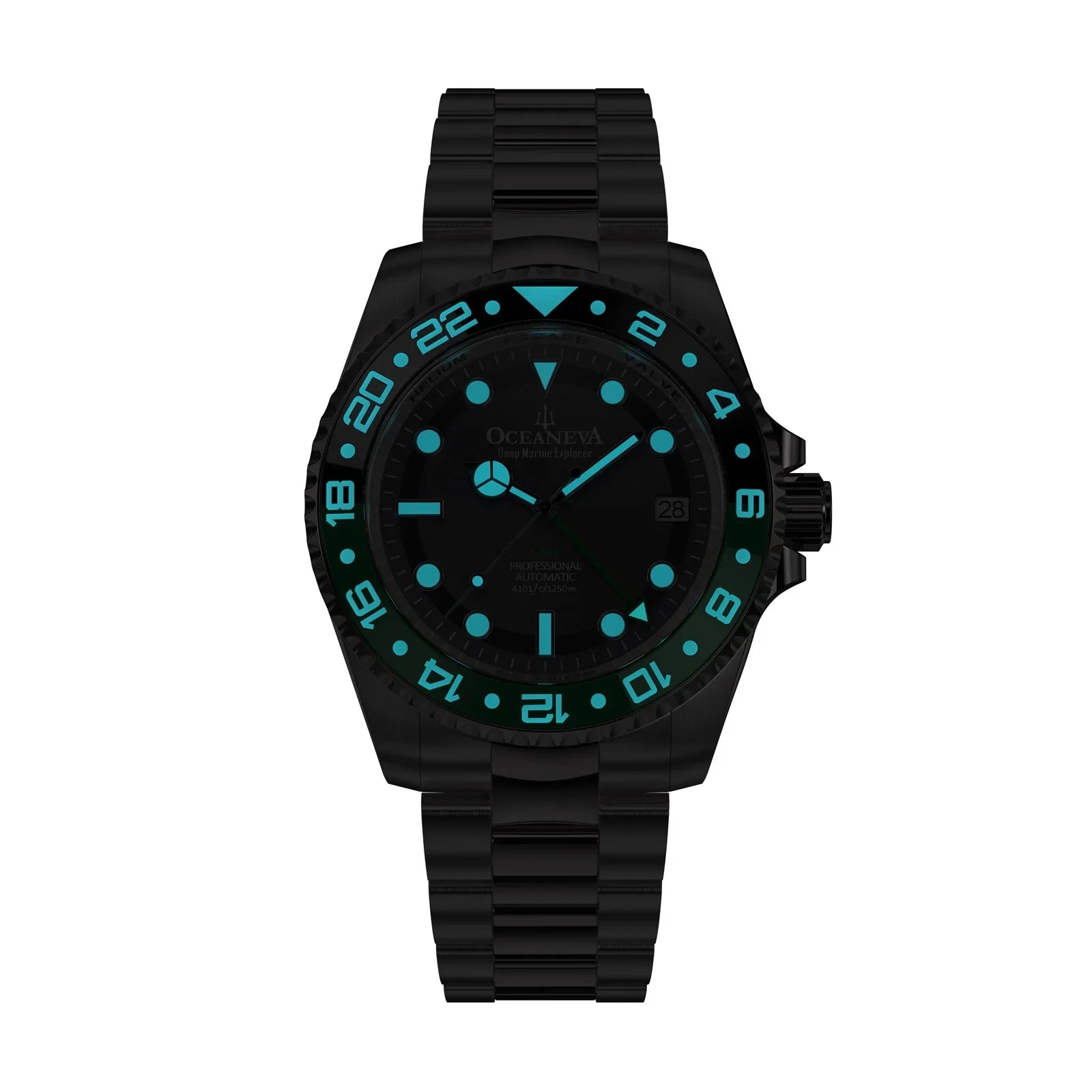 Oceaneva™ GMT Deep Marine Explorer Pro Diver Black Green Bezel Watch - Screw Down with Triple Seal Case Back - 1250M Water Resistance - Japan Automatic Movement Dive Swimming Wrist Watches For Men