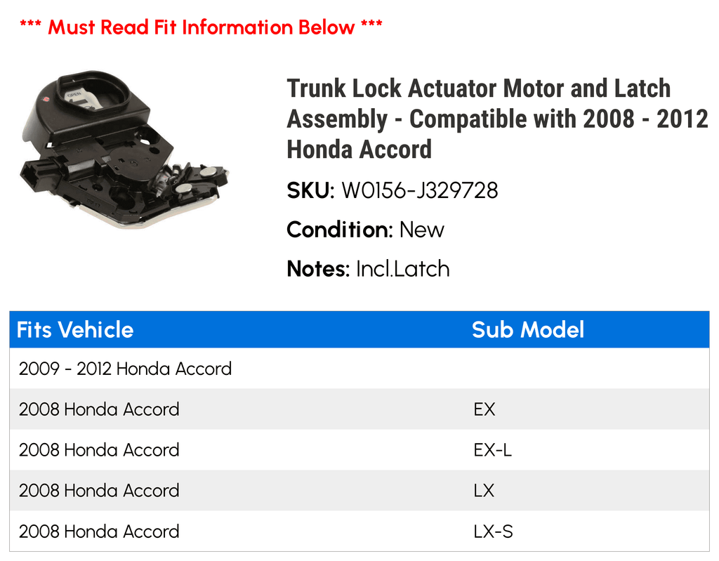 Trunk Lock Actuator Motor and Latch Assembly - Suitable with 2008 - 2012 Honda Accord 2009 2010 2011