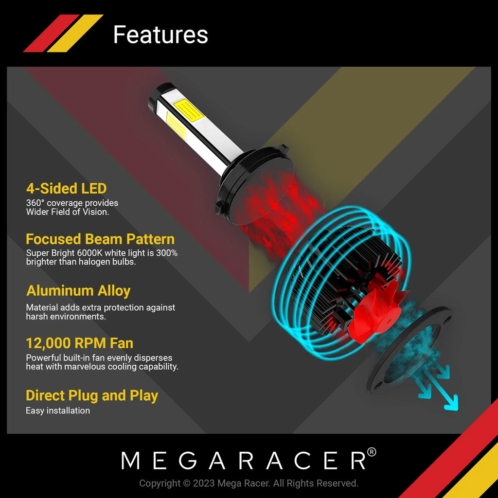 Mega Racer BMW 440i xDrive 4 Sided H11 H9 H8 LED Headlight Bulbs 6000K Diamond White 12V 60W 10000LM BMW 440i xDrive 2017 17 Fog Light Automotive Replacement