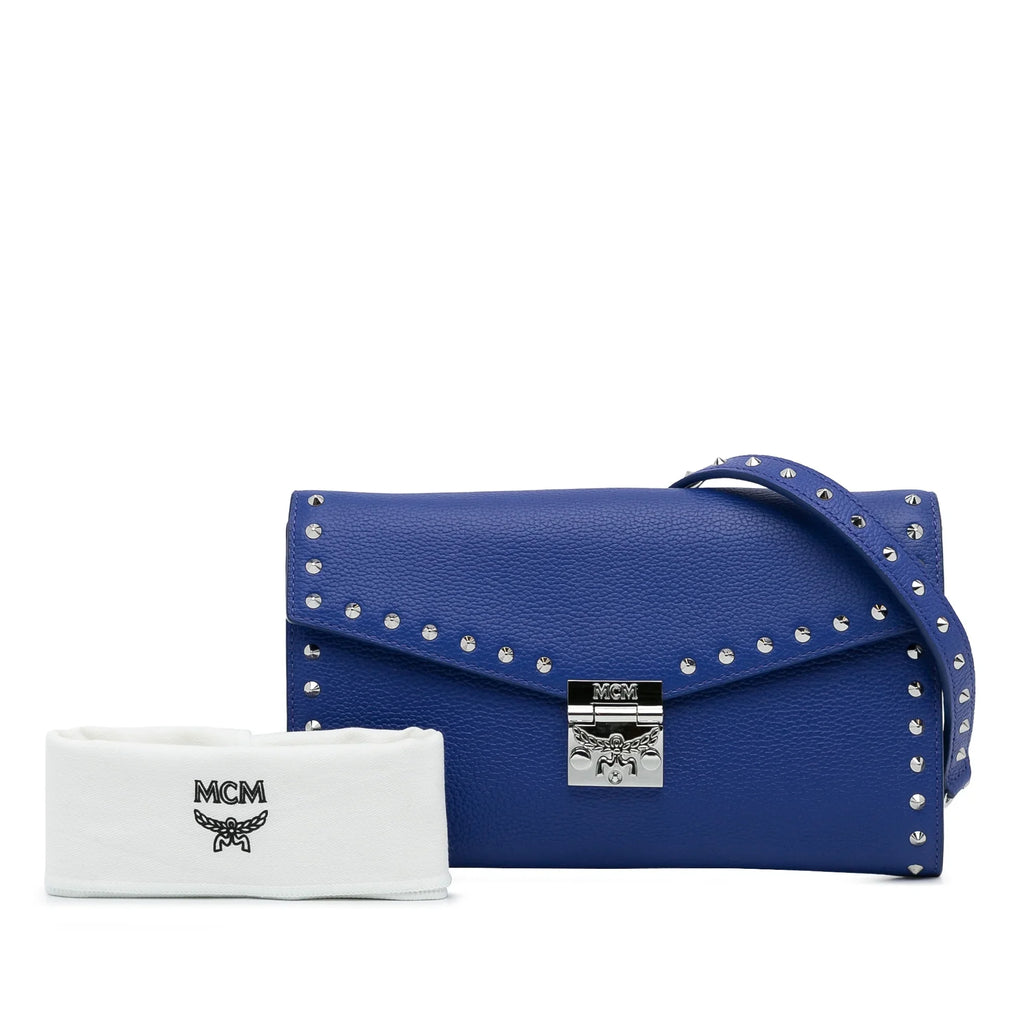 Pre-Owned Authenticated MCM Studded Patricia Wallet on Chain Calf Leather Blue Crossbody Bag Unisex (Good)