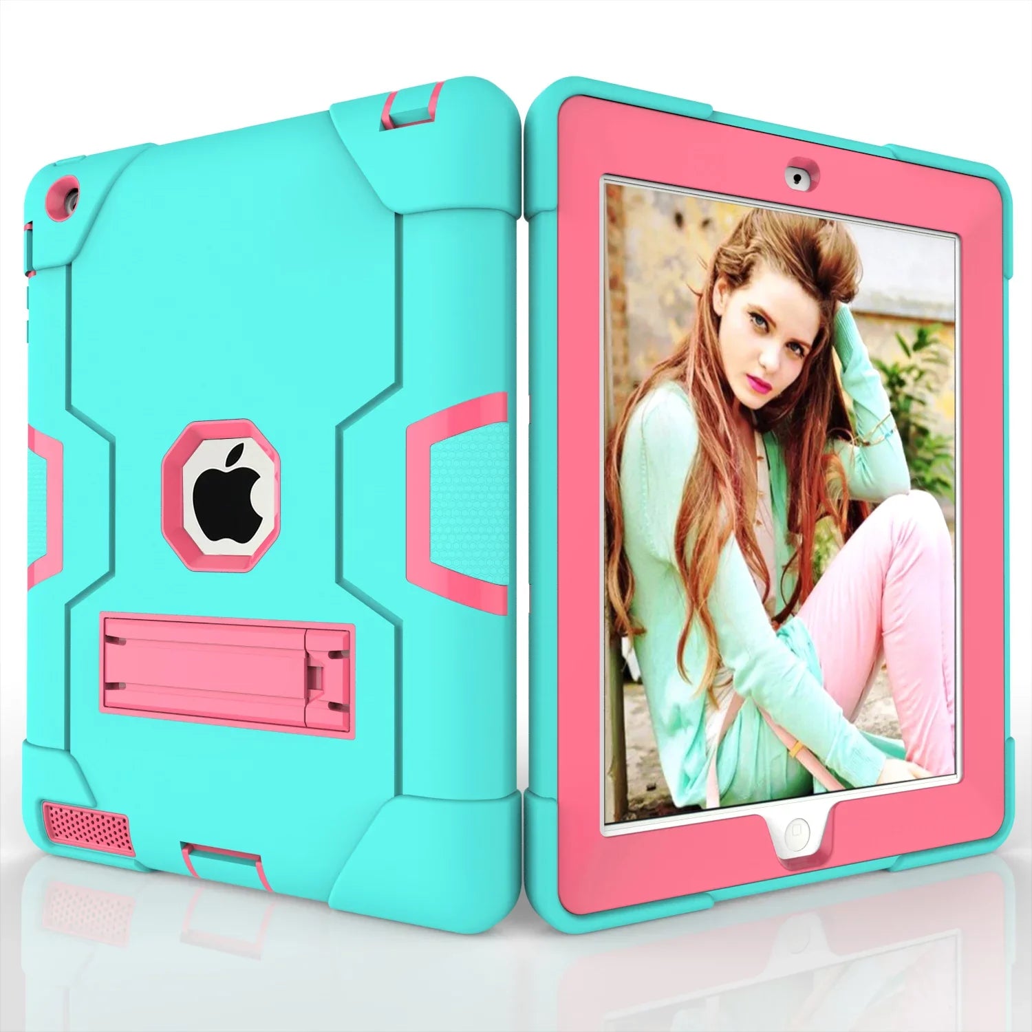 iPad 2 Case,iPad 3 Case,iPad 4 Case, Allytech Three Layer Shockproof Armor Defender Protective Case Wrap with Kickstand for iPad 2nd Gen / iPad 3rd Gen / iPad 4th Generation (Aqua/Rosegold)