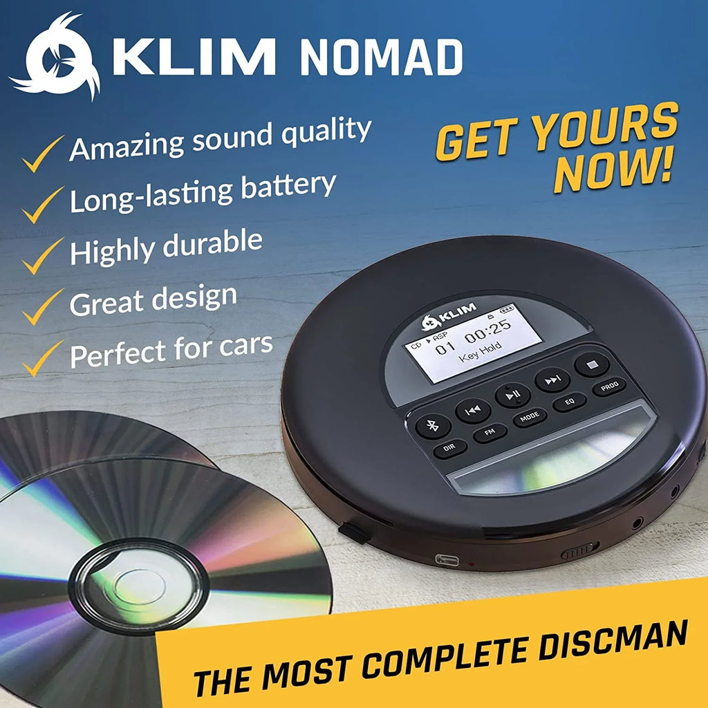 Pre-Owned KLIM Nomad Portable CD Player Discman with Fusion Headphones, Rechargeable Battery, MP3, TF Card, AM FM Radio, Bluetooth- Perfect for Cars, Black (Refurbished: Good)