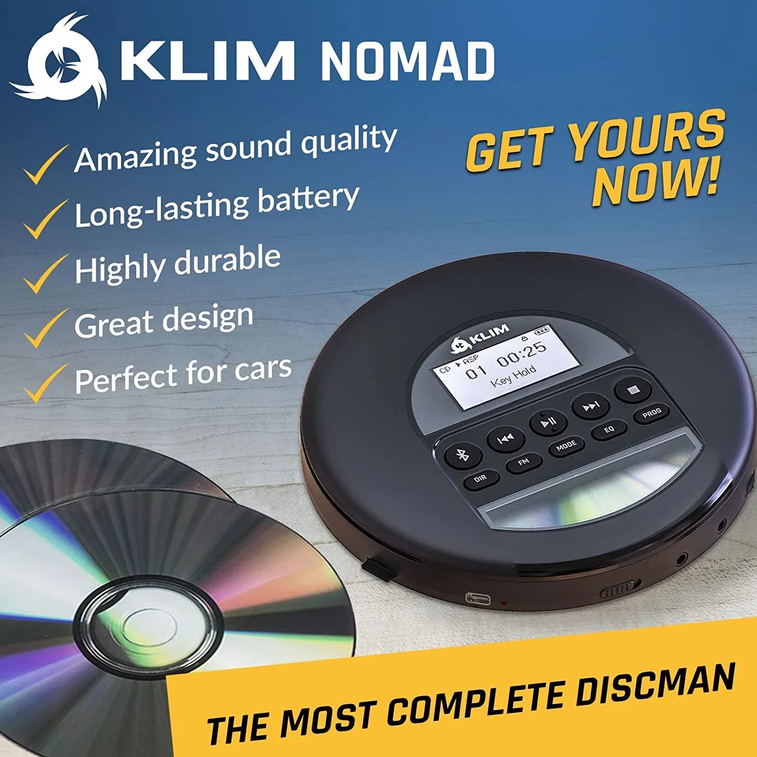Pre-Owned KLIM Nomad Portable CD Player Discman with Fusion Headphones, Rechargeable Battery, MP3, TF Card, AM FM Radio, Bluetooth- Perfect for Cars, Black (Refurbished: Good)