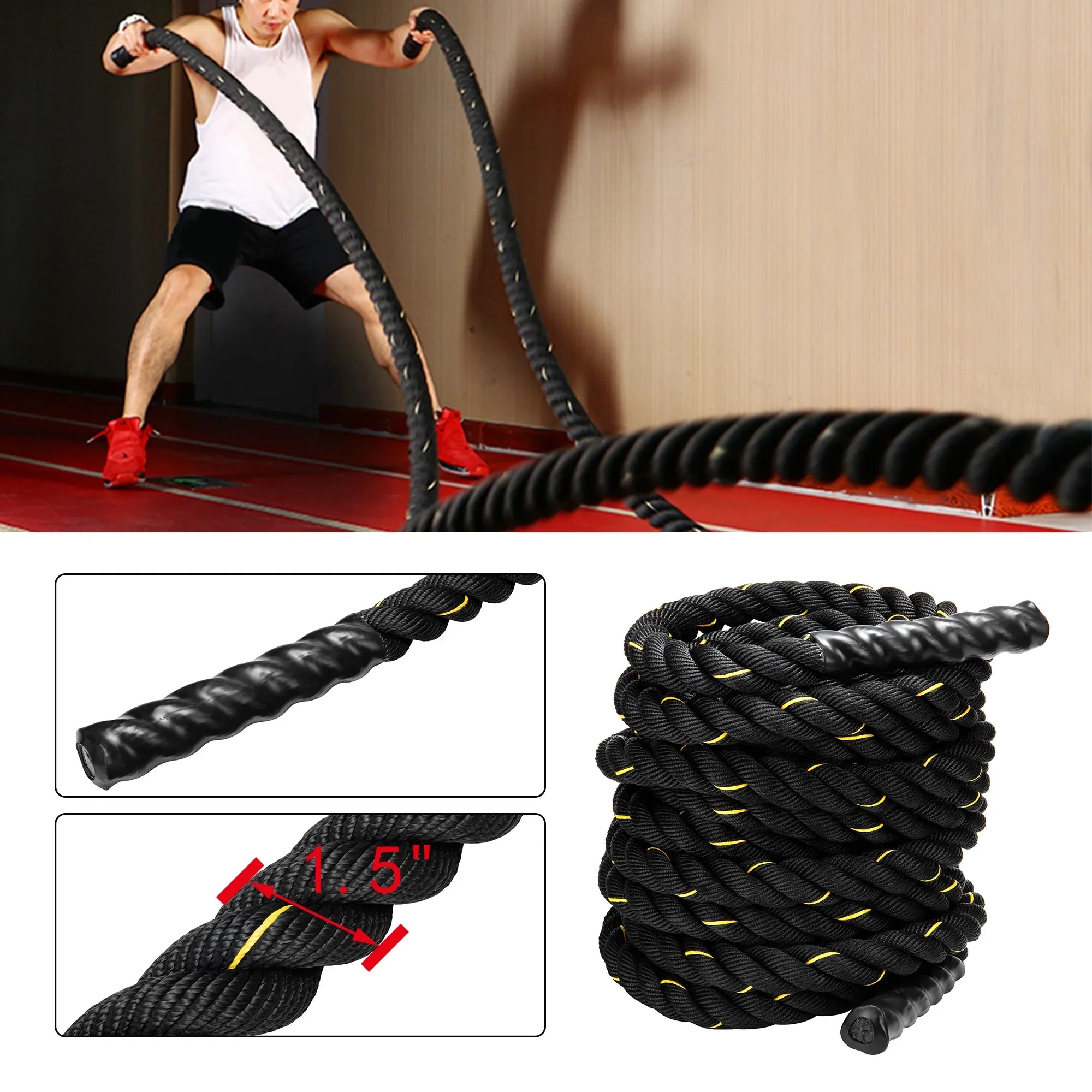 1.5" Training Rope Battle Rope Workout Training Undulation Rope, 50ft Length Fitness Battle Rope Heavy Duty Gym Fitness Workout Combat Battle Ropes for Strength Power Training, 15M